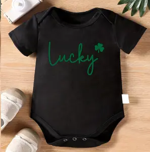 1pc Baby Crawling Suit - Beige Onesie with "Lucky" Shamrock Print - Soft Cotton Outfit for Newborns & Toddlers 0-3 Years - Perfect St Patrick's Day Gift - Machine Washable Infant Wear