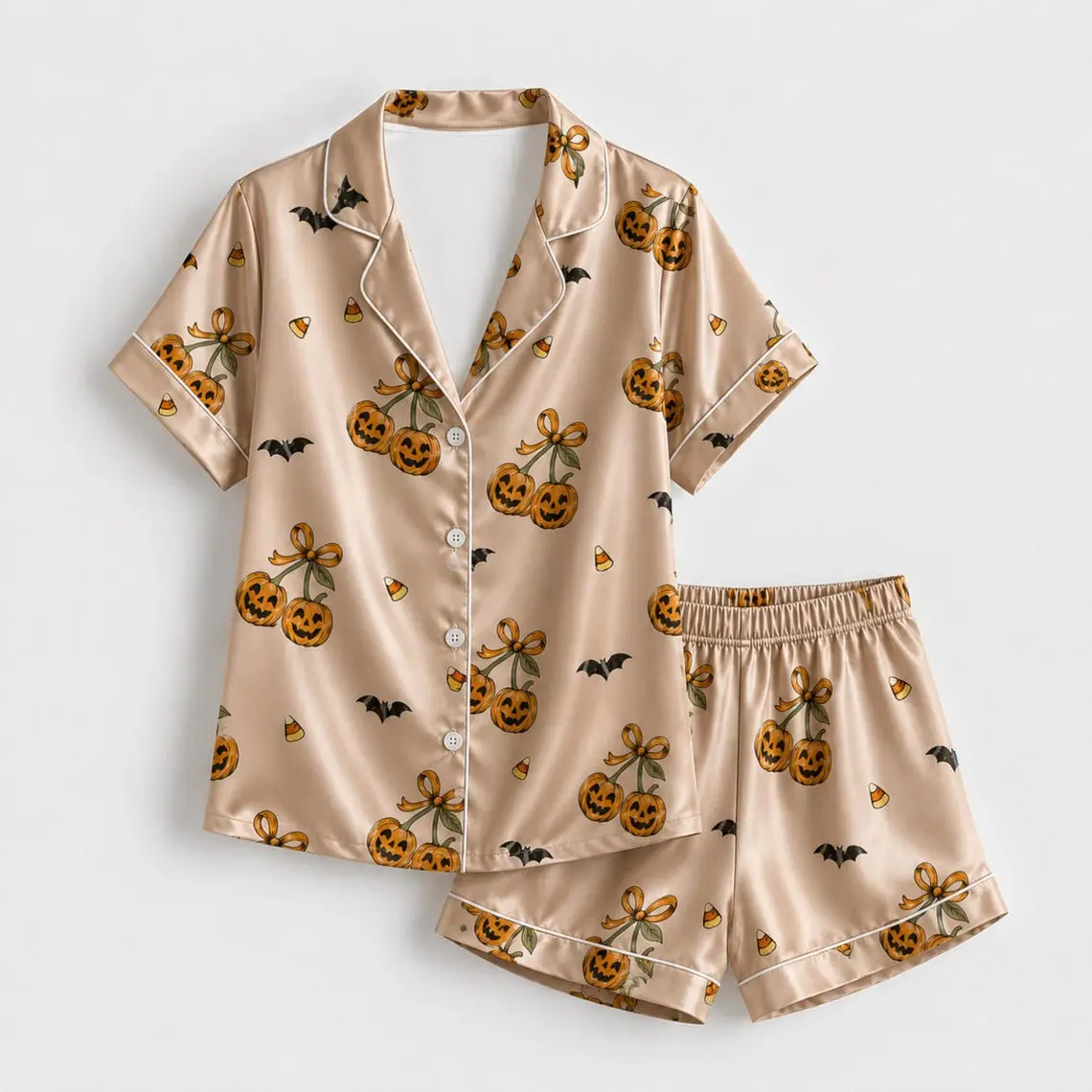 October Magic Satin Pajama Set for Women Featuring a Festive Nighttime Pattern Soft Silky Button Down Sleepwear and Cozy Fall Loungewear
