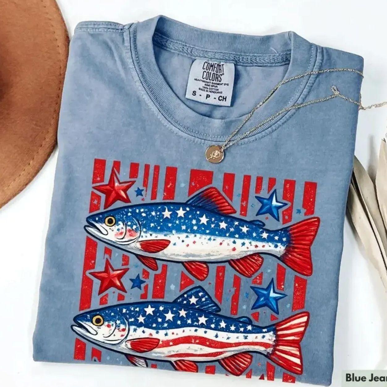 Comfort Colors Patriotic Trout T-shirt, American Flag Fish Tee, 4th of July Fishing Shirt, USA Red White Blue Fisherman Gift, Trending 4th of July Day Tee, Casual Outfit, Comfortable Menswear & Womenswear Top, Perfect Gift For Men and Women, May25