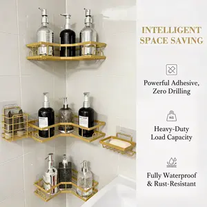 Caddy Shower Storage 5-Piece Set Self-Adhesive Stainless Steel Shelf No Drilling Required Rust-Resistant Bathroom Decor Accessories Pink Shampoo Body Wash Basket Large Capacity Hollow Round Design  Water Proof Toothbrush Soap Minimalist metal frame