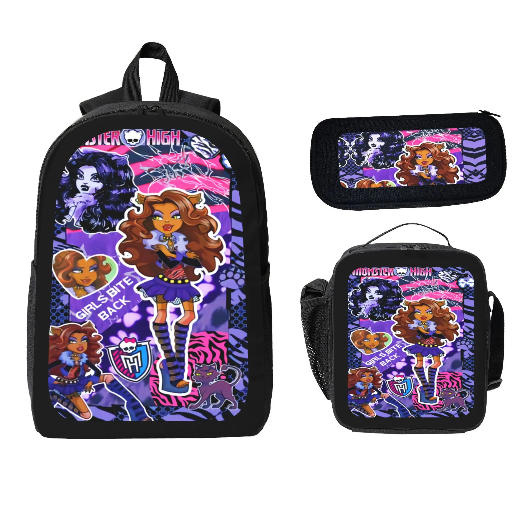 "Monster High" lightweight backpack set, including a lunch bag and pencil case; this 17-inch backpack is ideal for students, featuring a Draculaura-themed backpack and a Cleo de Nile-themed lunch bag.