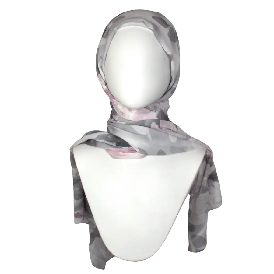 Elegant Floral Crepe Chiffon Hijab – Grey Silver & Rose Pink | Perfect for Work & Social Events