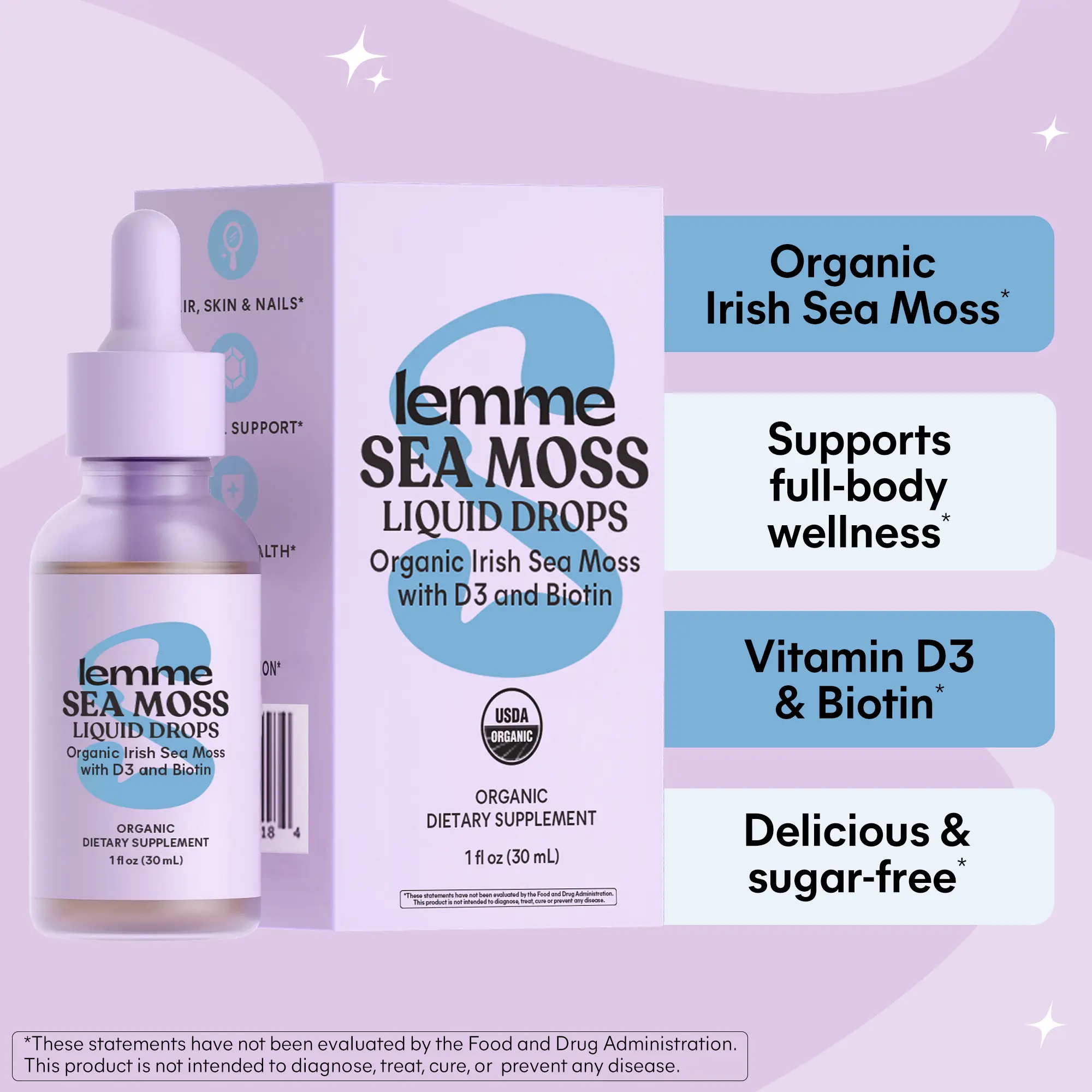 Lemme Irish Sea Moss Organic Liquid Drops with Vitamin D3 and Biotin for Trace Mineral Support, Immunity, Hair, Skin & Nails, Brain Health - Gluten & Sugar Free, Non GMO, 1 oz, 30 Servings
