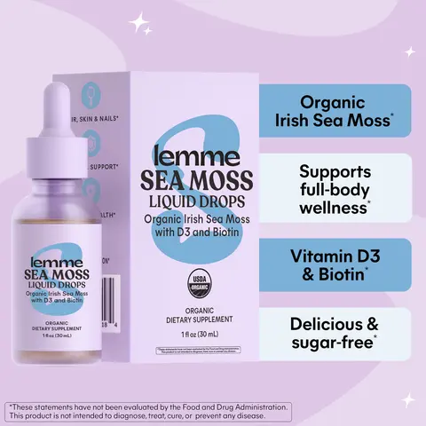 Lemme Irish Sea Moss Organic Liquid Drops with Vitamin D3 and Biotin for Trace Mineral Support, Immunity, Hair, Skin & Nails, Brain Health - Gluten & Sugar Free, Non GMO, 1 oz, 30 Servings