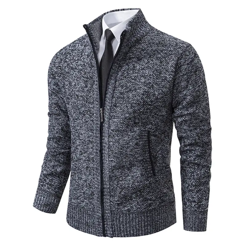 Men’s stand collar zip-up knit cardigan, faux two-piece design, business casual style for autumn/winter, warm slim-fit pullover sweater jacket