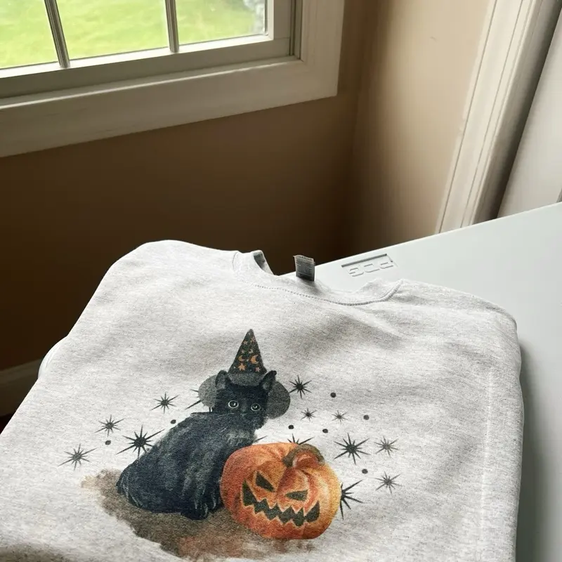 Spooky Cat Crewneck - Vintage Wash Ash Gray Halloween Spooky Season Crewneck Cotton Polyester Womenswear Comfort Costume Hoodie Grey Style Sweatshirts Statement