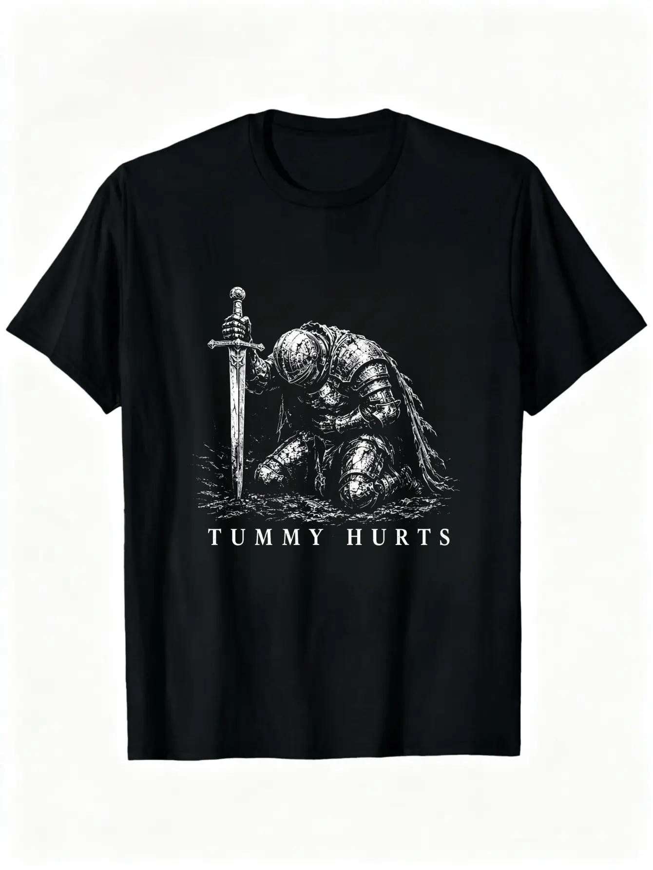 Funny Graphic Style, Men's T-Shirt, Kneeling Knight With Sword And Tummy Hurts Text, Casual Daily Wear Summer, Gift For Boyfriend Husband Gamer Friend