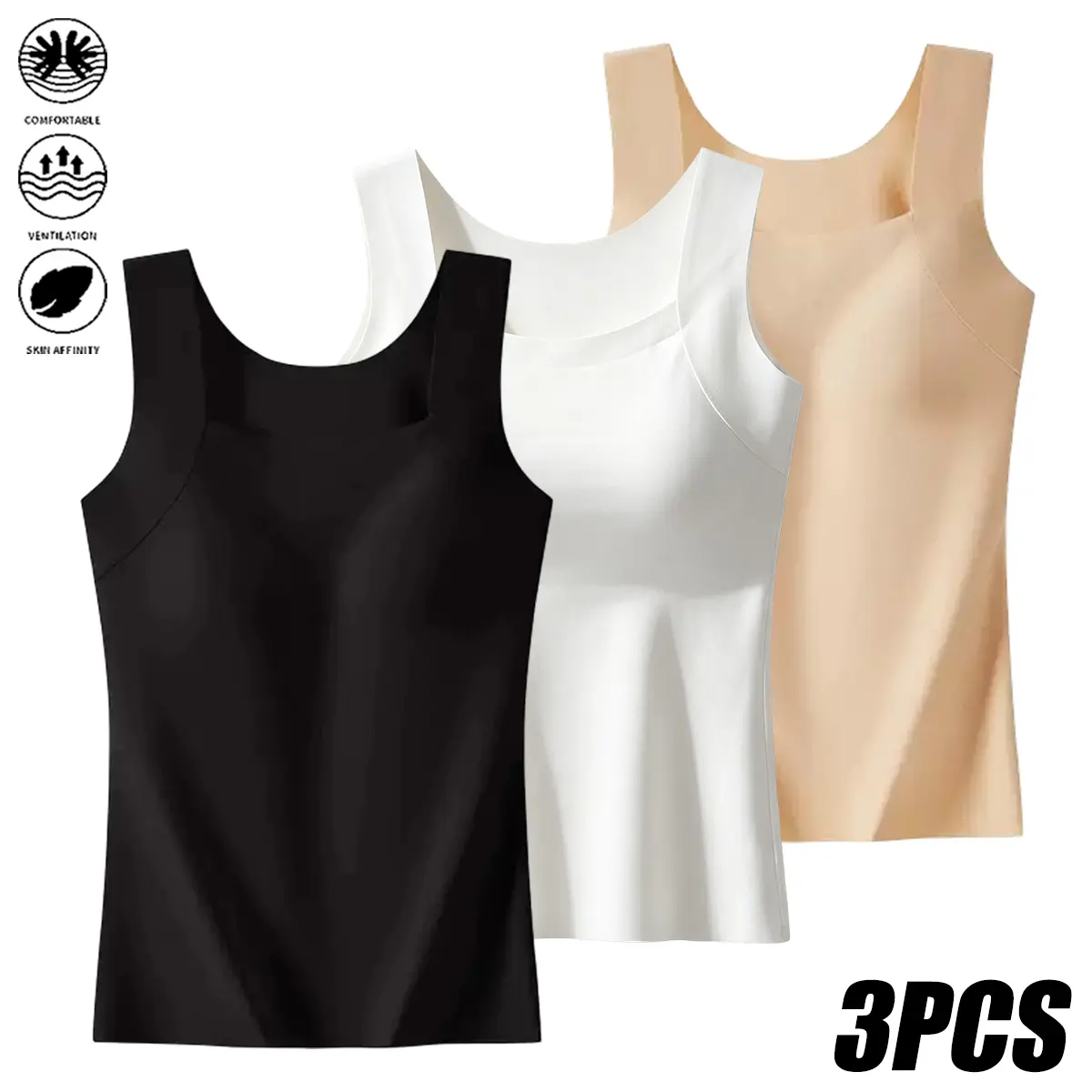 JOGWAVE 3PCS women’s cream-colored soft, smooth square-neck tank top, stretchy double-layer slim-fit stylish top with wide shoulder straps, suitable for everyday wear; women’s apparel, tank top, slim-fit cute buttery-soft, thick fabric long sports bra wit