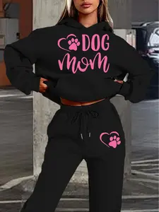 Sweet Heart Paw Print Dog Mom Hoodie and Sweatpants Set, Cute Stylish Fall and Winter for Pet Walks and Themed Dates