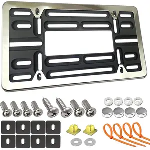 Front License Plate Mounting Kit- Stainless Steel License Plate Frame and Universal Bracket for No Drilling Hole Front Bumper, Car Tag Cover Adapter with Screws, Chrome Caps, Rattle Proof Pads