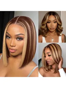 Ombre Honey Blonde Bob Wig Human Hair Highlight 13x4 Hd Lace Front Wigs Human Hair Pre Plucked Middle Part 4/27 Colored Glueless Lace Frontal Wigs(8-16 Inch, 4/27 Highlight)