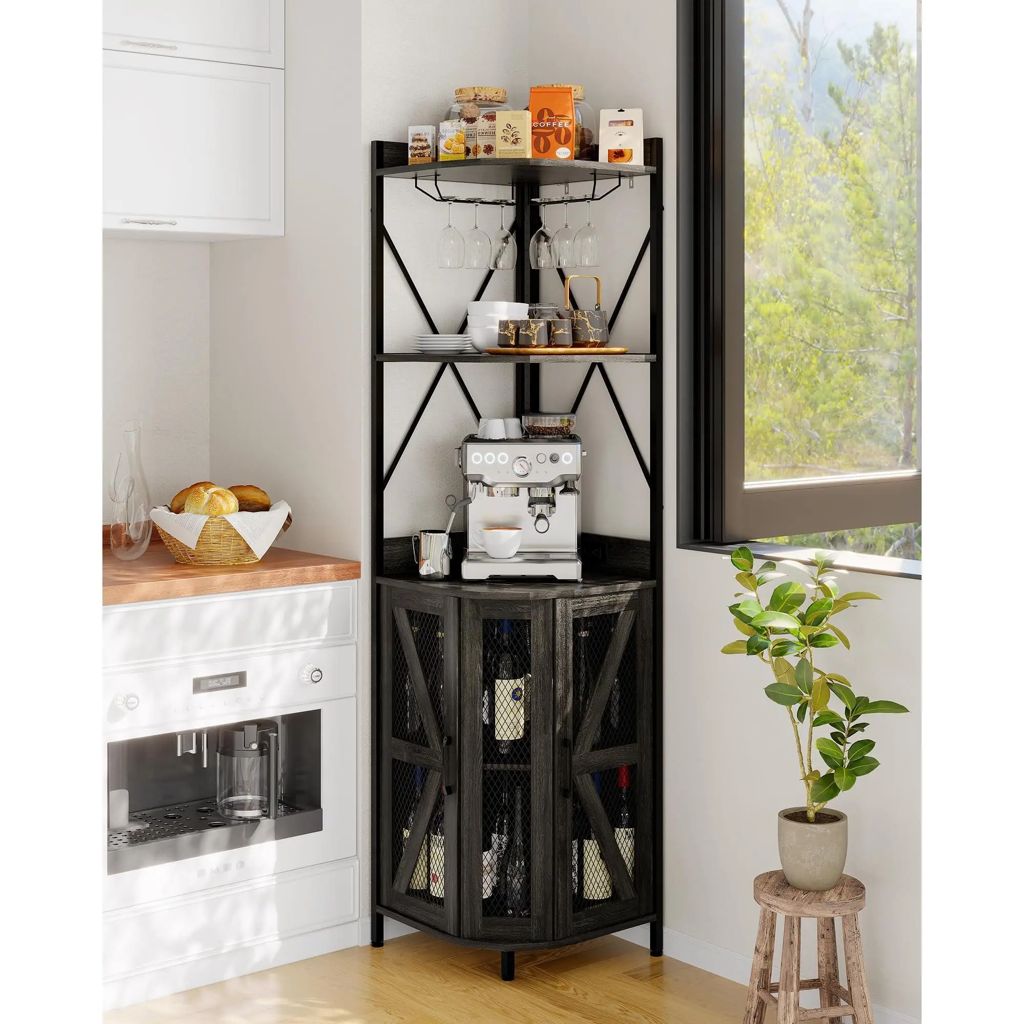 Garvee Durable Lightweight 72in Industrial Corner Cabinet - Adjustable Multi-Layer Kitchen Cabinet Storage with 2 AC Outlets, 2 USB Ports, LED Light Strips, Glass Holder, 5-Tier Liquor Storage, Mesh Door, 12 Color Options for Small Space Display