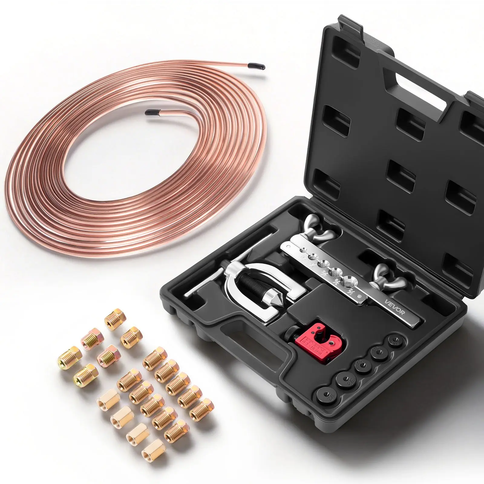 Summerfinds 3/16" Carbon Steel Brake Line Repair Tool Kit Set, 45° Double & Single Flaring Tools, 25FT Copper Coated Copper Tubes, 16 Fittings, 4 Unions, Tube Cutter, 5 Adapters, Wrench Set, CT-2032D & Storage Toolbox for DIY Maintenance, Double Flare