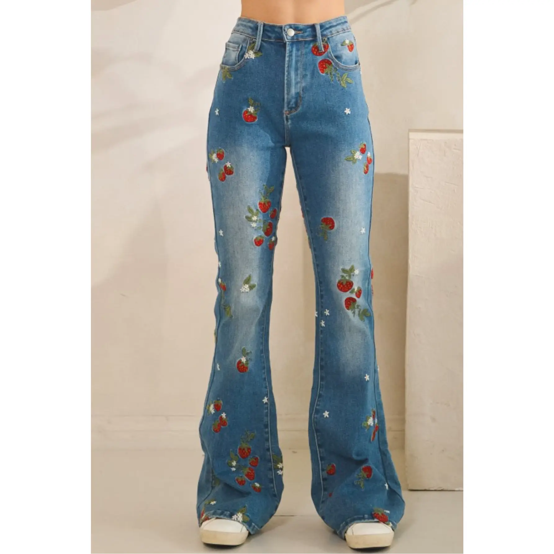 Denim Washed Strawberry Embroidered Jeans