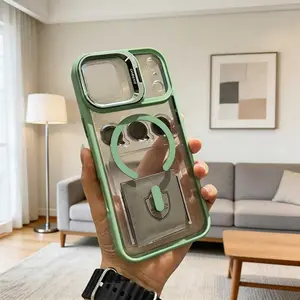 Magnetic Glass Lens Stand Protection Back Cover Luxury Magnetic Phone Case Compatible with iPhone 11 12 13 14 15 16 17 Series