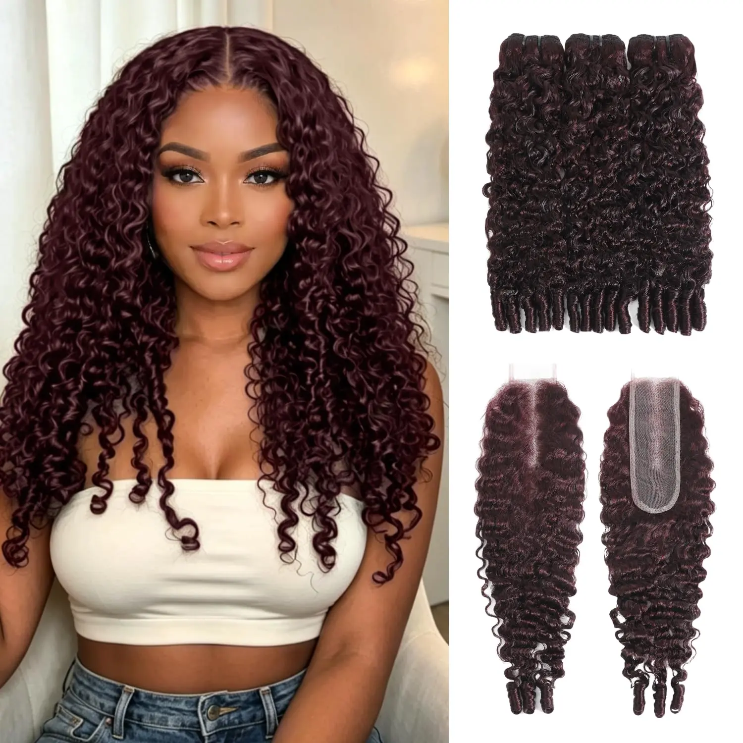 ALHER #99J Burmese Curly Bundles and 2x6/4x4 Closure Human Hair 99j Wine Red Colored Bundles with 3C4A Water Wave Spiral Ends Dark Burgundy Wine 3 Bundles and Frontal Free Part Ear to Ear