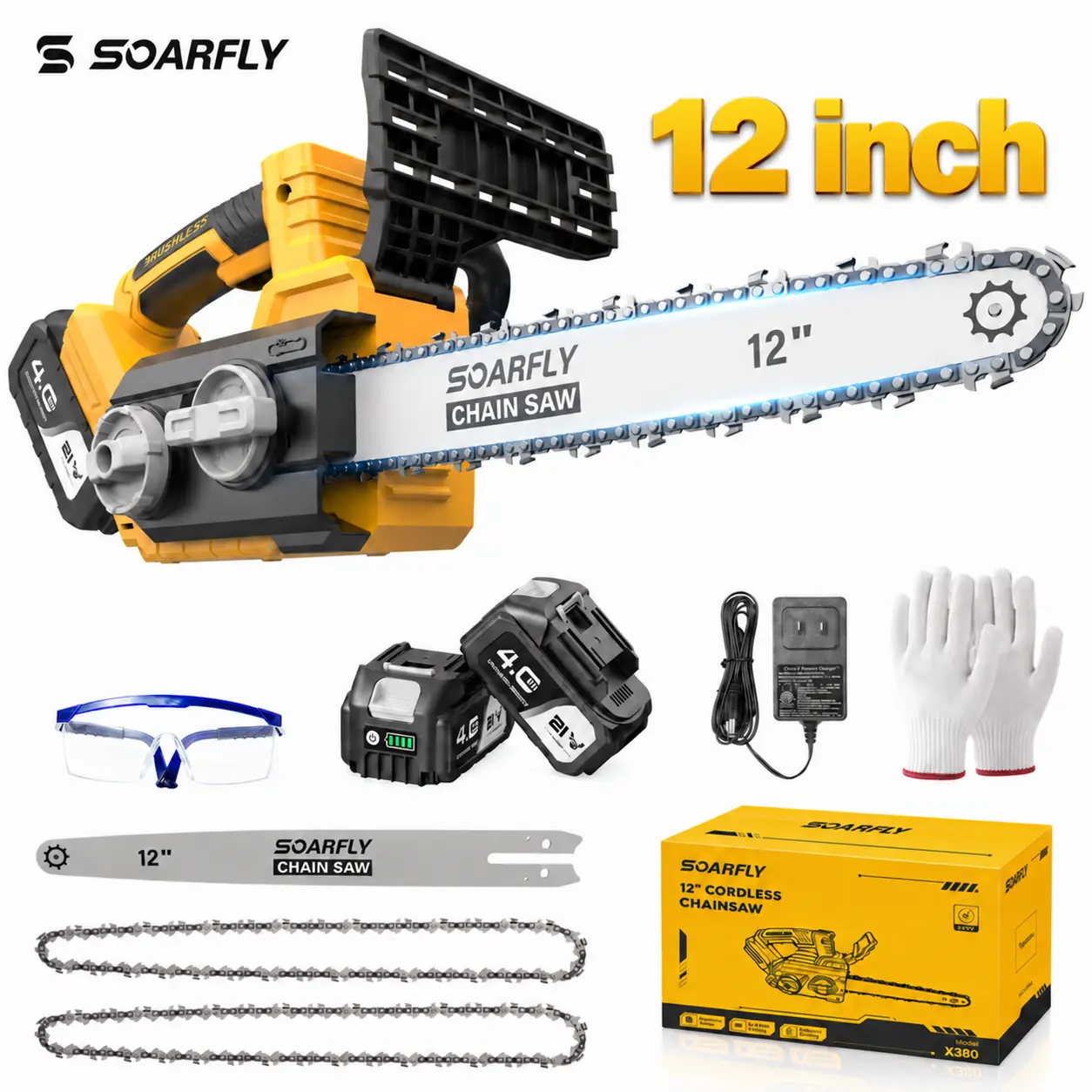 SOARFLY 12-Inch Cordless Electric Chainsaw, 1000W Brushless Motor, 2×4.0Ah Batteries, Auto Oiling & Tool-Free Chain Tension for Tree Trimming, Wood & Branch Cutting ,mini chainsaw