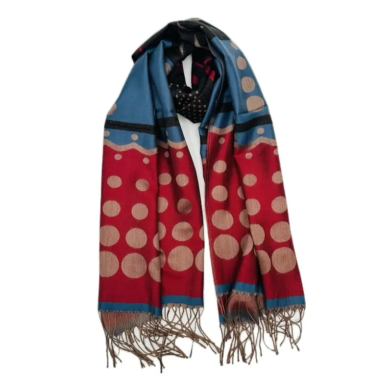 Stunning Red and Blue Cashmere Pashmina with Polka Dots and Moons - Soft Luxurious Feel for Special Occasions & Daily Wear Made in Turkey