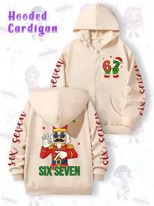 Girls' Fun Number 67 Nutcracker Print Hoodie, Casual Comfortable Loose Fit Zipper Fashion Sweatshirt, Spring & Fall Long Sleeve Jacket