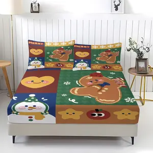 3-piece Christmas Gingerbread Man Patterned Bed Sheet with Comfortable Printed Pattern, Including 1 Bed Sheet and 2 Pillowcases, Comfortable Bedding, Non Slip Dust Cover Suitable for Bedrooms and Guest Rooms, Suitable for Children and Adults As Gifts