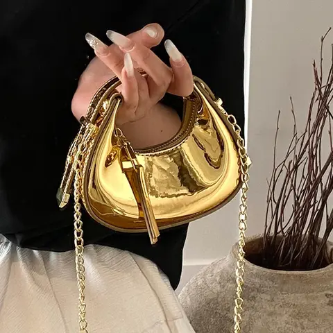 mini handbag, Chain crossbody bags, Crescent shoulder bag, crescent geometric shape, metal chain decoration, niche design fashion handbag, stylish mobile phone bag, suitable for shopping, dating, parties, Chain Decorated Handbag, Pu Leather Handbag