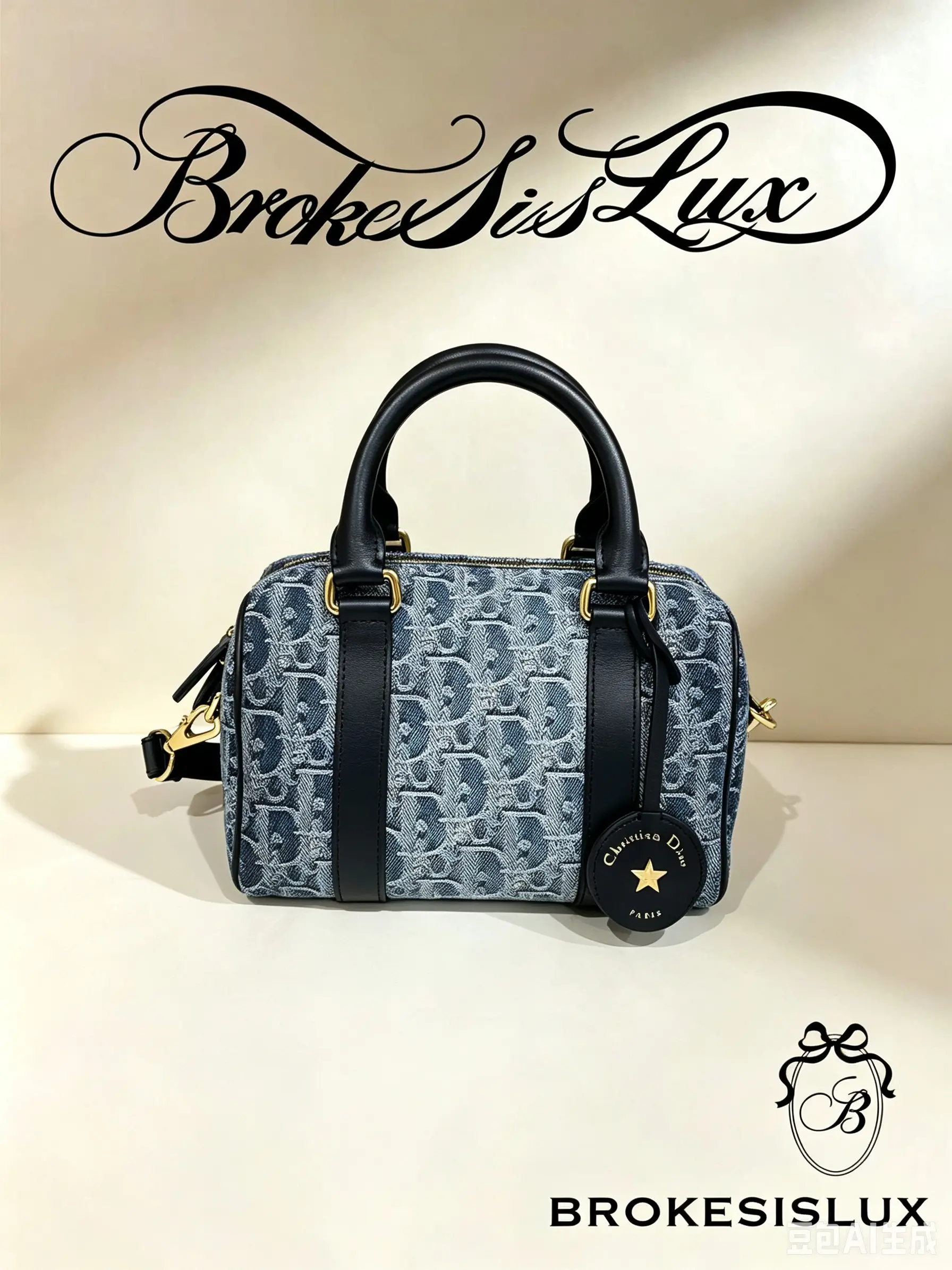Pre-owned Dior Blue Denim Oblique Mini Boston Handbag | Black Leather Handles, Star Brand Charm