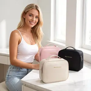 Women's PU Leather Waterproof Large-Capacity Travel Makeup Bag - Easy-Clean Flat-Lay Cosmetic Organizer with Hanging Hook, Beauty & Personal Care Travel Gift