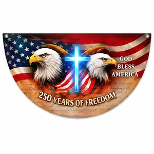 God Bless America 250 Years Banner, America 250th Birthday Polyester Semicircular Flag Banner, Patriotic Eagle Cross American Flag Fence Banner, 1776–2026 USA Freedom Anniversary Flag, 4th Of July Outdoor Decoration, Semiquincentennial Yard Bunting Decor,