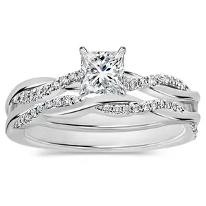 ALLORYA 925 Sterling Silver Solitaire Swirl Engagement Ring Set for Women with 0.75 ctw, Princess (0.50 ct) & Round (0.25 ct) Cubic Zirconia, Size 5.5