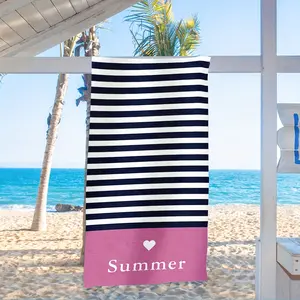 Customizable Love Heart & Stripes Microfiber Beach Towel - Quick Dry, Lightweight, Absorbent, Perfect for Men & Women, Ideal for Beach, Pool, & Sports, Machine Washable, Soft Rectangular Towel with "Summer" Motif, Personalized Beach Towel
