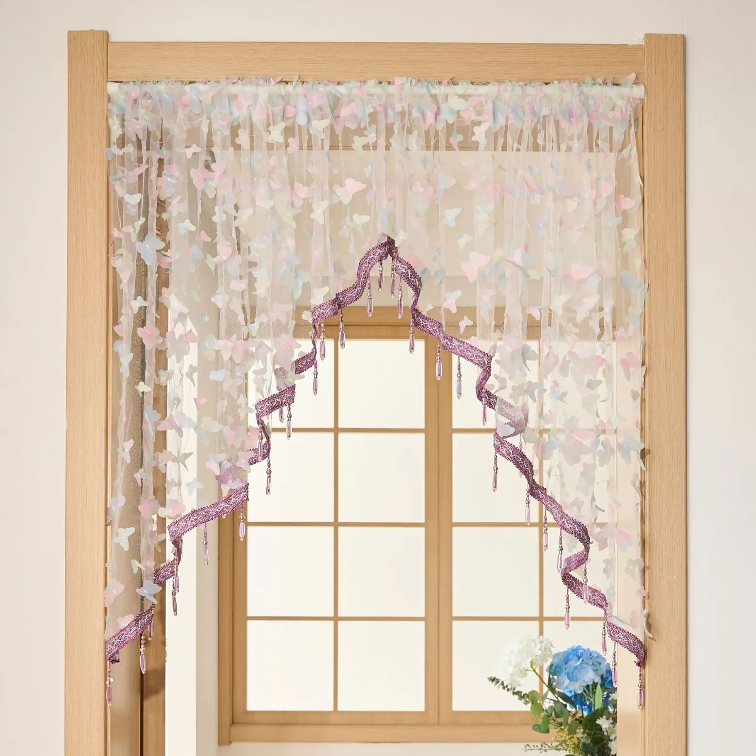 3D Butterfly Half Curtain Retro French Style Partition Curtain White Lace Embroidered Crystal Tassel No-Drill Arch Door Curtain in Pink Blue Purple Options