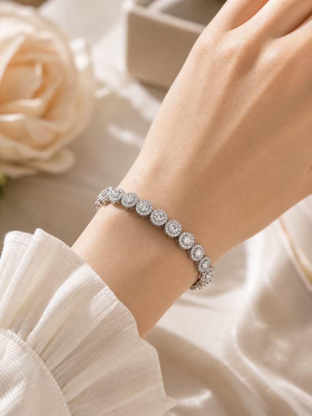 Silver Tone Cubic Zirconia Tennis Bracelet for Women, Sparkling Round Halo Link Bracelet, Elegant Wedding & Party Jewelry Gift