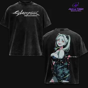 Rebecca Cyberpunk Edgerunners Anime Double Printed Vintage Washed Tee Unisex Oversize Anime Manga Washed Heavyweight Cotton T-shirt