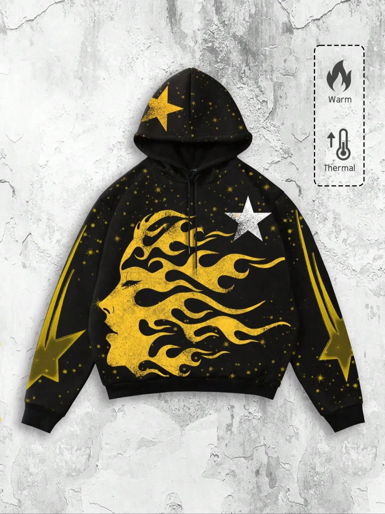 Street Style Flame Side Face Hoodie, Star Graffiti Print, Graphic