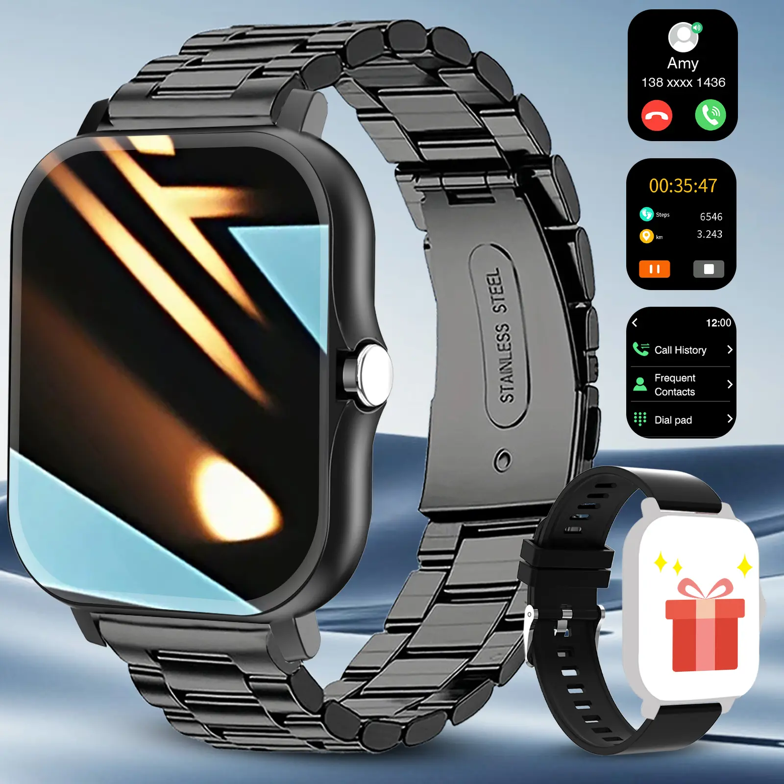 large-screen smart watch, Touchscreen Smartwatch, full touch screen, wireless calling/texting/multiple sports modes, USB rechargeable, alloy/metal case, 2 interchangeable straps, gifts for men and women, compatible with Android and iphone