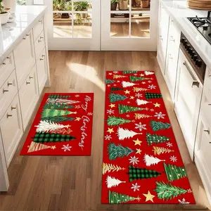 2Pcs Christmas And New Year Printed Kitchen Rug Colorful Christmas Tree Mat Set Farmhouse Kitchen Carpet Restaurant Floor Laundry Room Decoration Carpet Mat