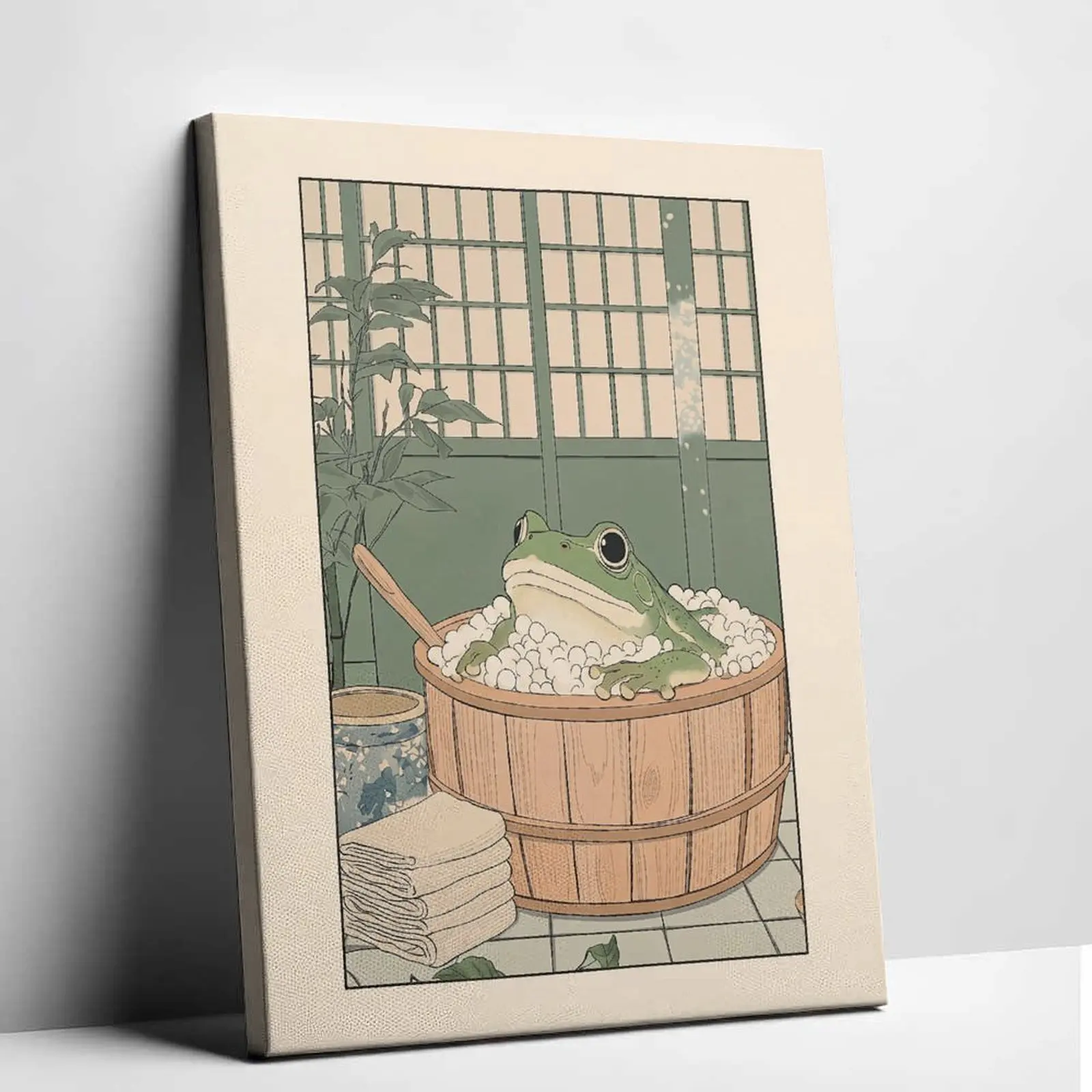 Retro Anime Frog Bubble Bath Canvas Print | Funny Toilet Wall Art | Unframed Aesthetic Bathroom Decor | Relaxing Zen Spa Bathroom Poster