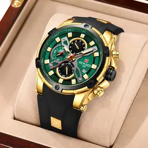 Men’s sports chronograph wristwatch, green dial with black golden contrast, three sub-dials, multifunction design, black silicone strap, calendar window, water-resistant luminous quartz watch — model 83016