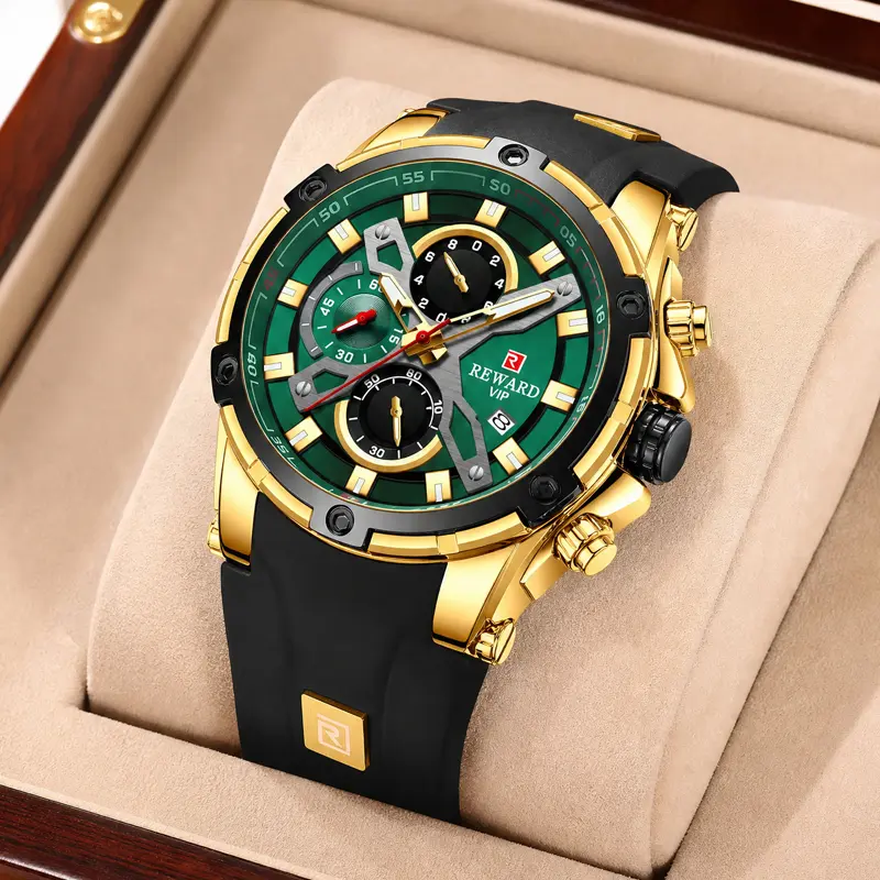 Men’s sports chronograph wristwatch, green dial with black golden contrast, three sub-dials, multifunction design, black silicone strap, calendar window, water-resistant quartz watch — model 83016