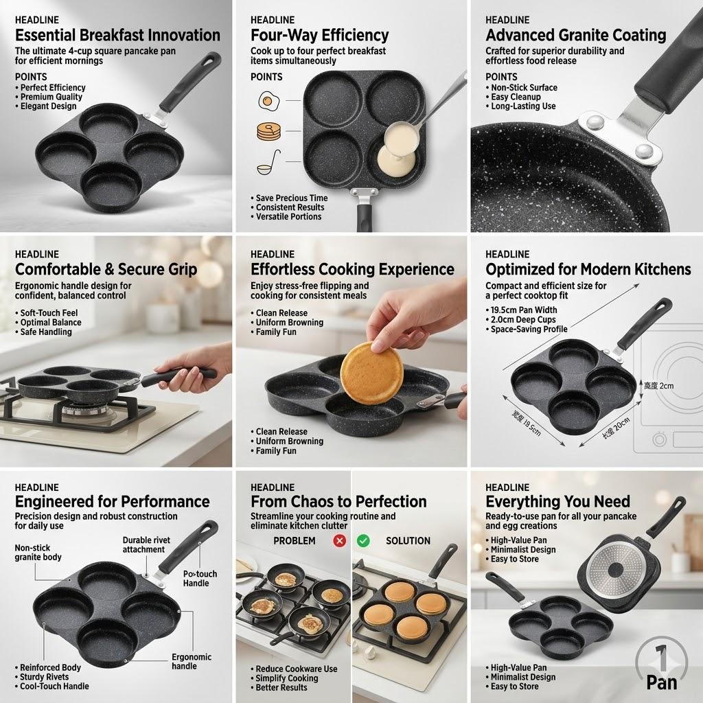 Skillet Upgrade Your Breakfast! This 4‑Cup Non‑Stick Egg Pan features effortless food release and easy flipping. Perfect for cooking eggs, burgers, and pancakes, its compact design makes it ideal for home use and RV camping. A must-have kitchen essential