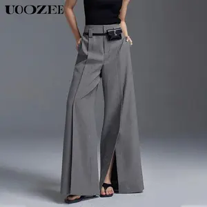 Loose Wide Pants High-Waisted Pleated Split-Front Pants Trousers No belt Womenswear Bottom