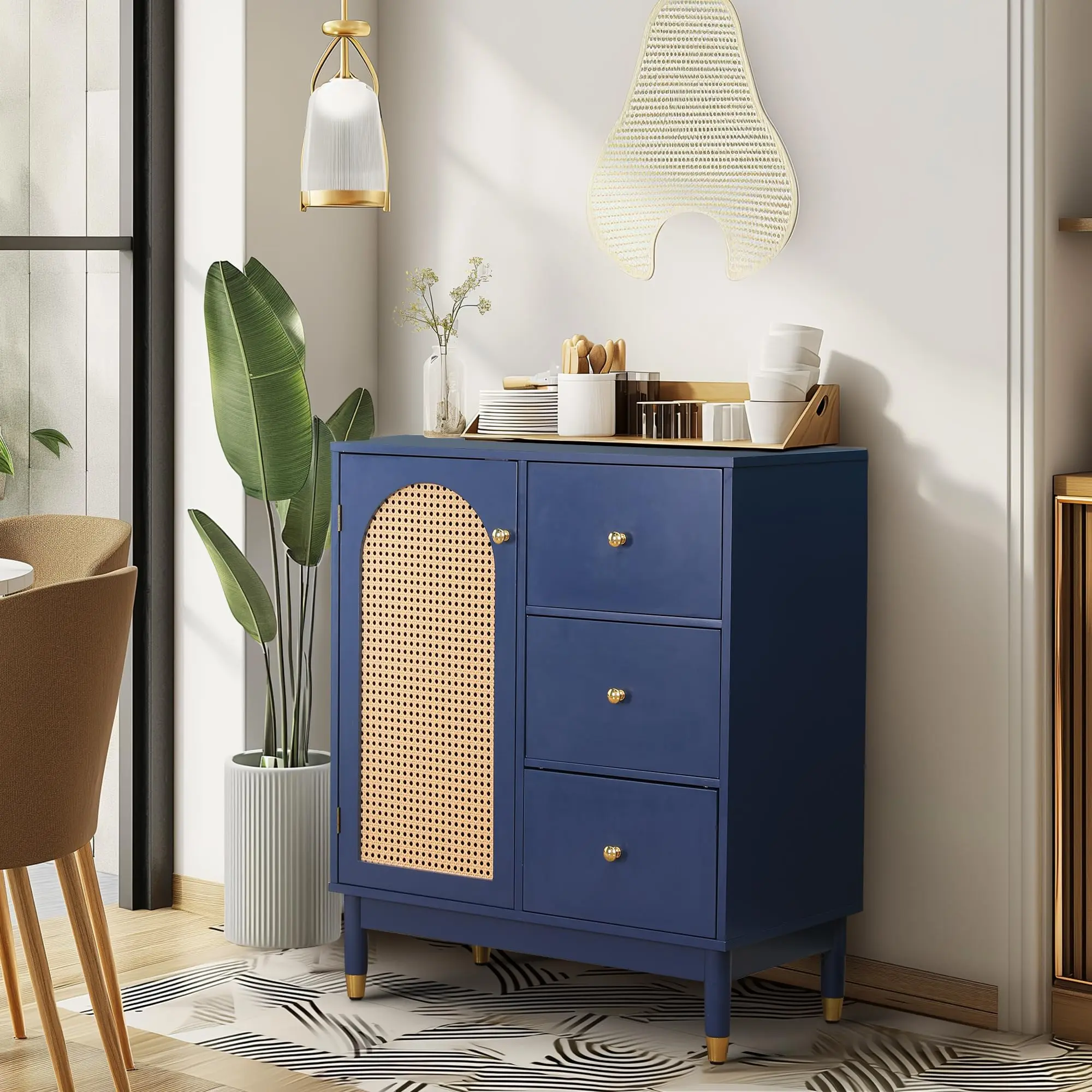 PHI VILLA Blue Rattan Nightstand - Modern Small Bedside Table with Arched Rattan Doors, Gold Metal Knob, Boho Style, Ideal for Minimal Interior Design