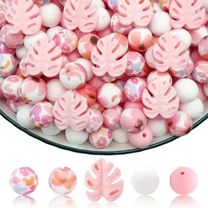 25/34/48/54PCS Daisy Monstera Silicone Beads Set, 12/15mm Round & Hexagon Non-toxic Rubber Beads - Multicolor Pastel Beads for Jewelry Making, DIY Handicrafts, Keychains, Bracelets, Necklaces, Home Decor, Jewelry Accessories Components