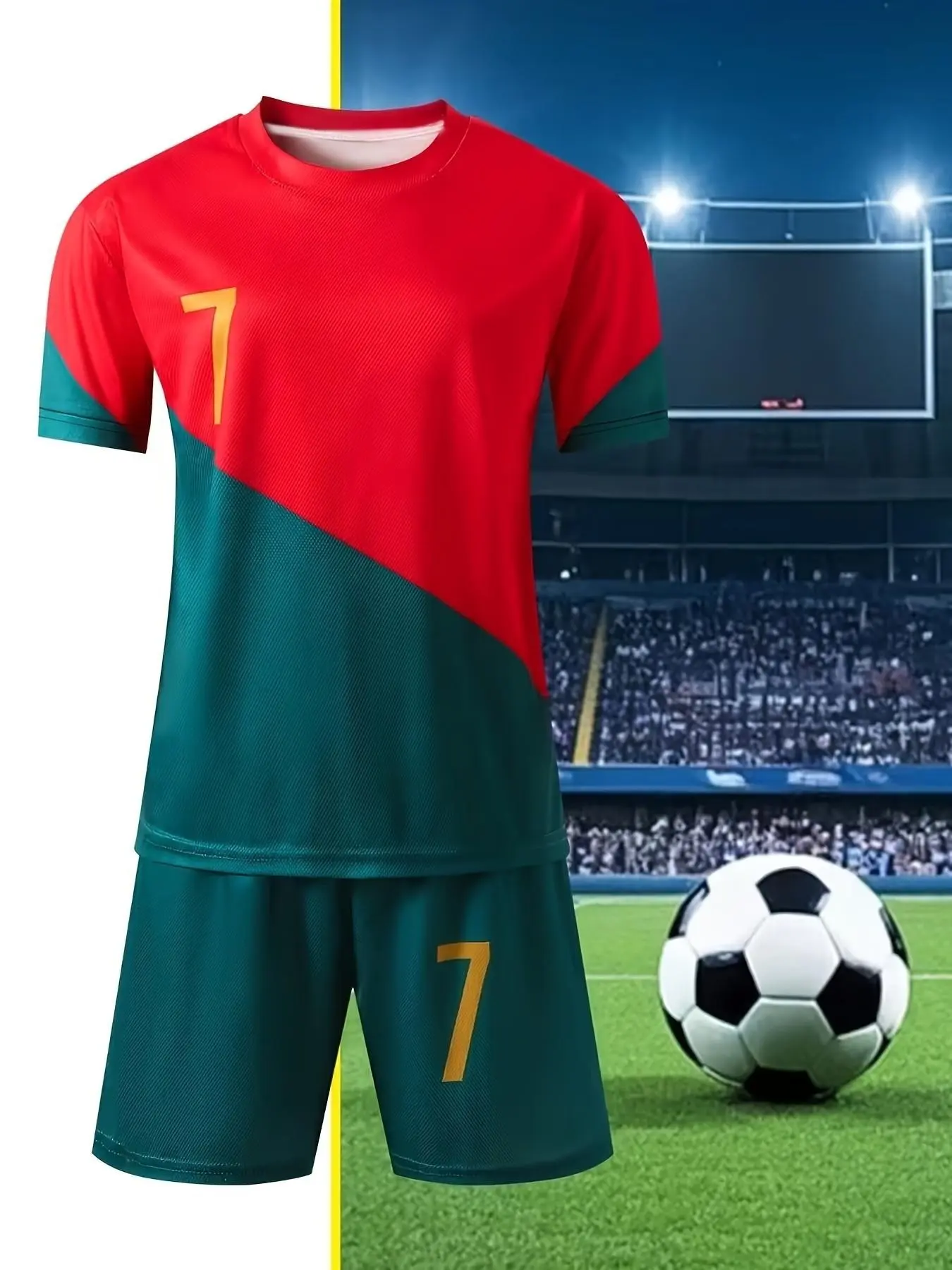 Quick-Dry Breathable Soccer Jersey Set No.7 Red-Green Patchwork Short Sleeve & Shorts Youth Match Training Away Kit 2-Piece
