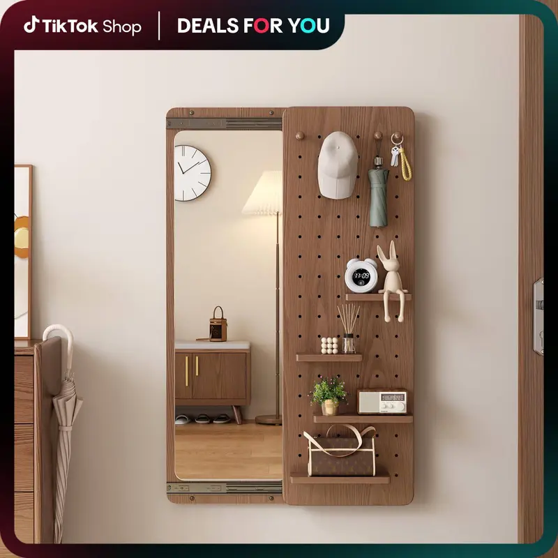 Rustic Full Length Wall Mirror with Shelf & Hooks