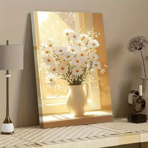 1 piece of 2D flat high-definition print, daisy vase decorative painting, framed canvas painting and poster, ready to hang, home decoration, wall art, room decoration, ideal gift, living room, bedroom, dining room, office decoration