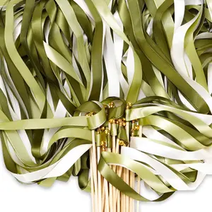 40Pcs Wedding Ribbon Sticks with Bells White Sage Green Streamers Fairy Stick Wands Ribbon Tassel Wands for Baby Shower Send Off Party Activities Holiday Celebration Supplies