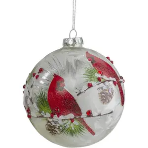 Red Cardinals and Pine Cones Glass Christmas Ornament