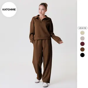 KatchMe Women's Casual Partial Zipper Stand Collar Long Sleeve Sweatshirt & Wide Leg Trousers Tracksuit, Basic Solid Color Co-ord Set, Sporty Style Outfits