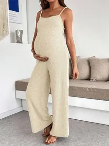 Maternity Solid Ribbed Casual Jumpsuit With Suspenders - Easy Fit Daywear